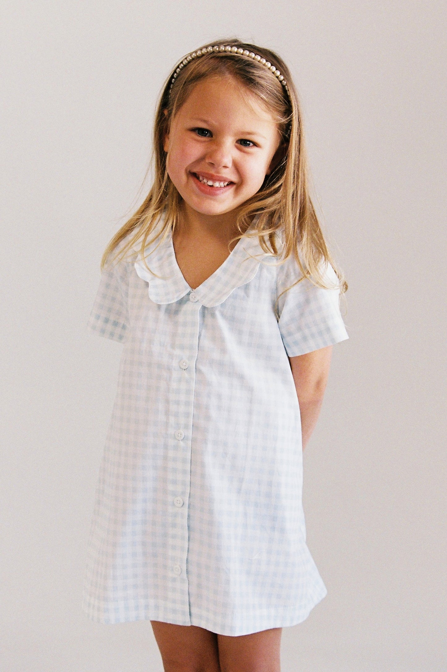 Girls Penelope Lounge Dress - Gingham Pale Blue